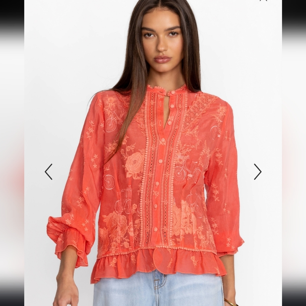 Johnny Was Serene Ryder Women's Blouse Floral Embroidered, Size Small, Orange